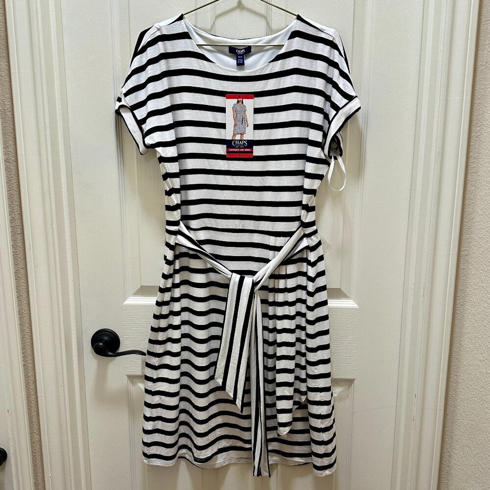 Chaps Women's Stretch Knit Midi Dress Size M Stripe Nautical Coastal Beach (NEW)